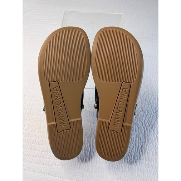 Minnetonka Womens Navy Leather Slip-on Sandals SZ 10 Travel Vacation - Picture 8 of 9
